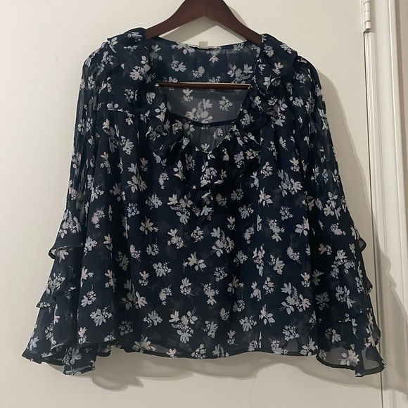 American Eagle Outfitters White Floral and Blue Ruffled Sheer Blouse Size XL - Picture 3 of 14